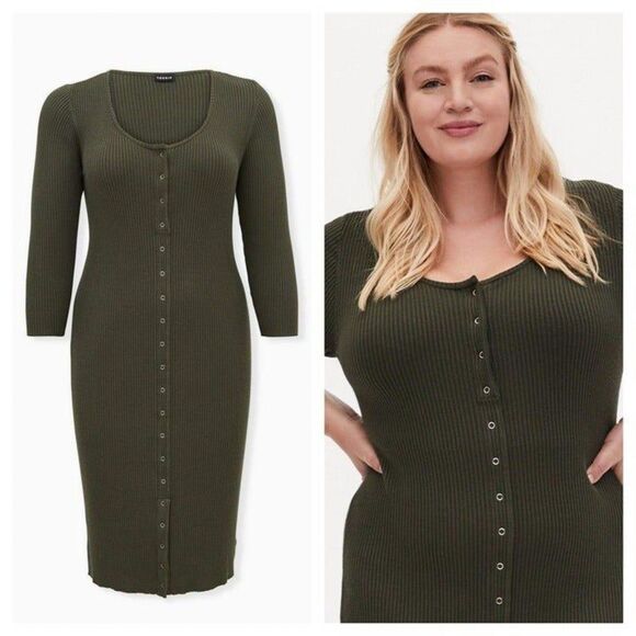 Torrid Olive Green Rib Button Front Bodycon Midi Dress - Picture 3 of 5